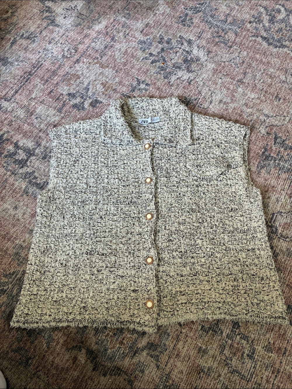 Zara Cream, Black, Gold Tweed Sleeveless Button-Front Vest